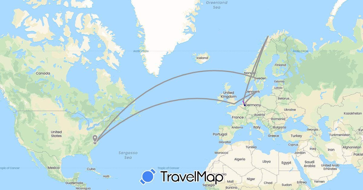 TravelMap itinerary: driving, plane, train in Denmark, United Kingdom, Netherlands, Norway, United States (Europe, North America)