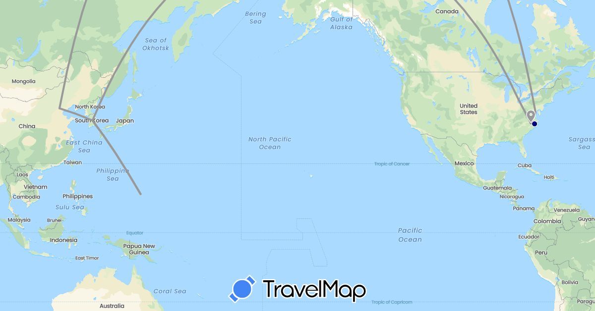 TravelMap itinerary: driving, plane, train in China, South Korea, United States (Asia, North America)